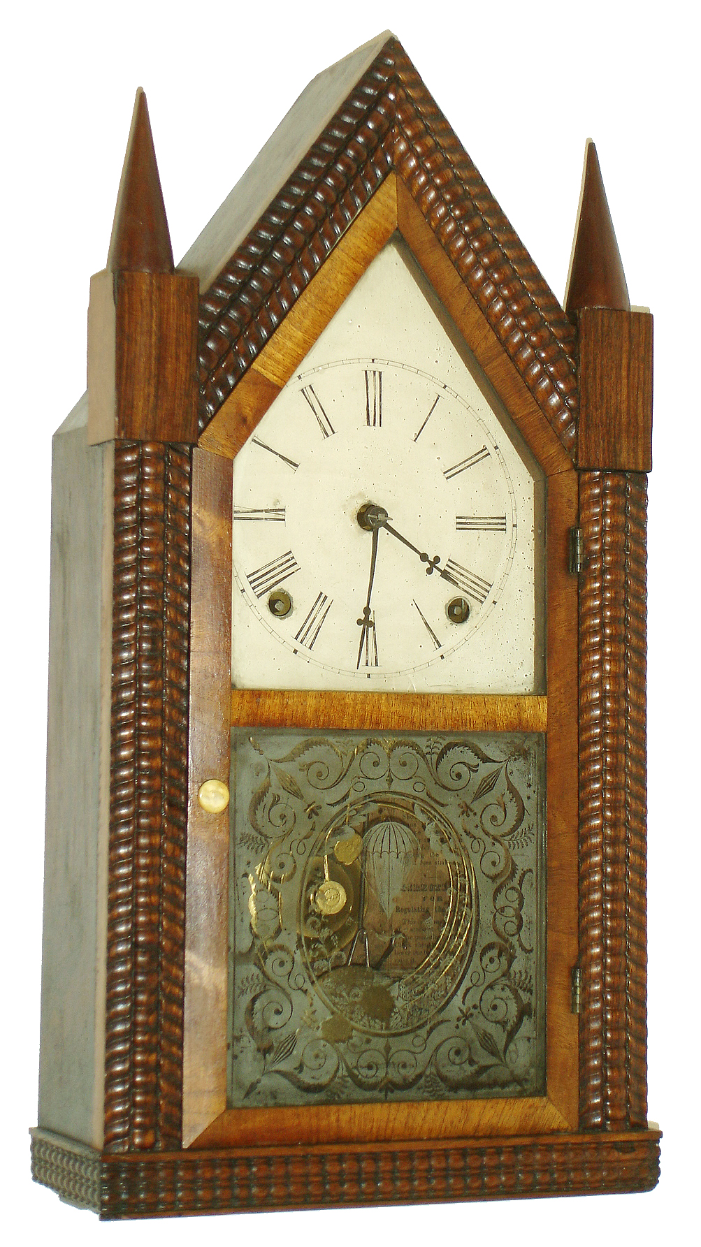 Forestville Mfg. Co., J. C. Brown, Bristol, Conn., 8 days, time and strike, ripple molding sharp gothic or steeple clock, c1845. — Antique Clocks Price Guide