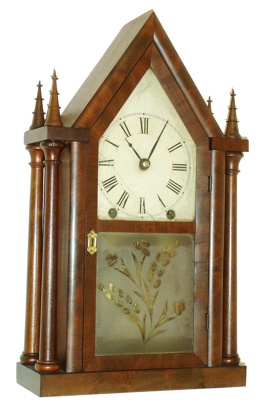 Brewster &amp; Ingrahams, Bristol, Conn., 8 days, time and strike, four pillar sharp gothic or steeple clock, c1845 — Antique Clocks Price Guide