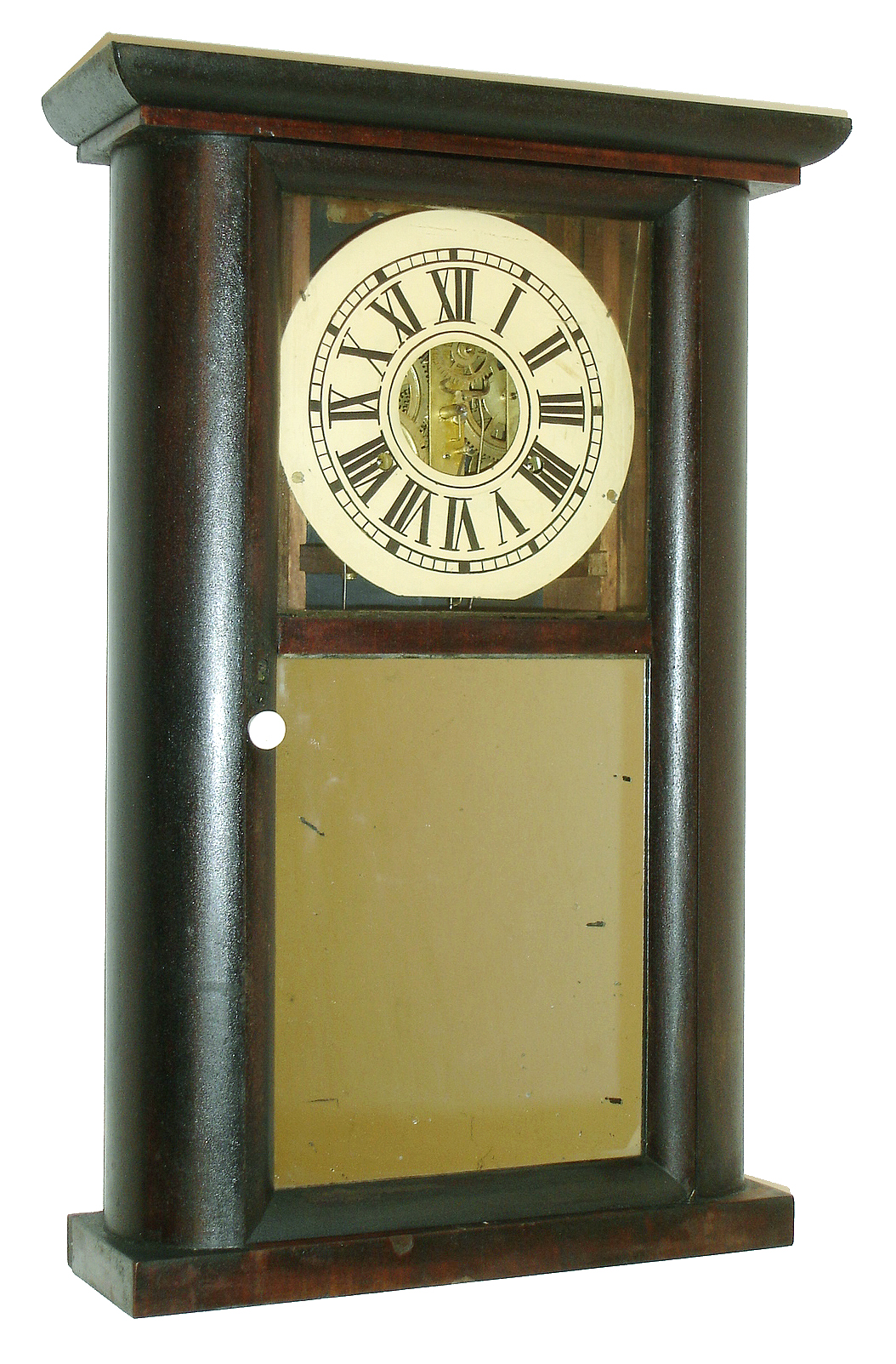 Jeromes, Gilbert, Grant &amp; Co., Bristol, Conn., 30 hour, time and strike, weight brass movement round side shelf clock, c1839 — Antique Clocks Price Guide