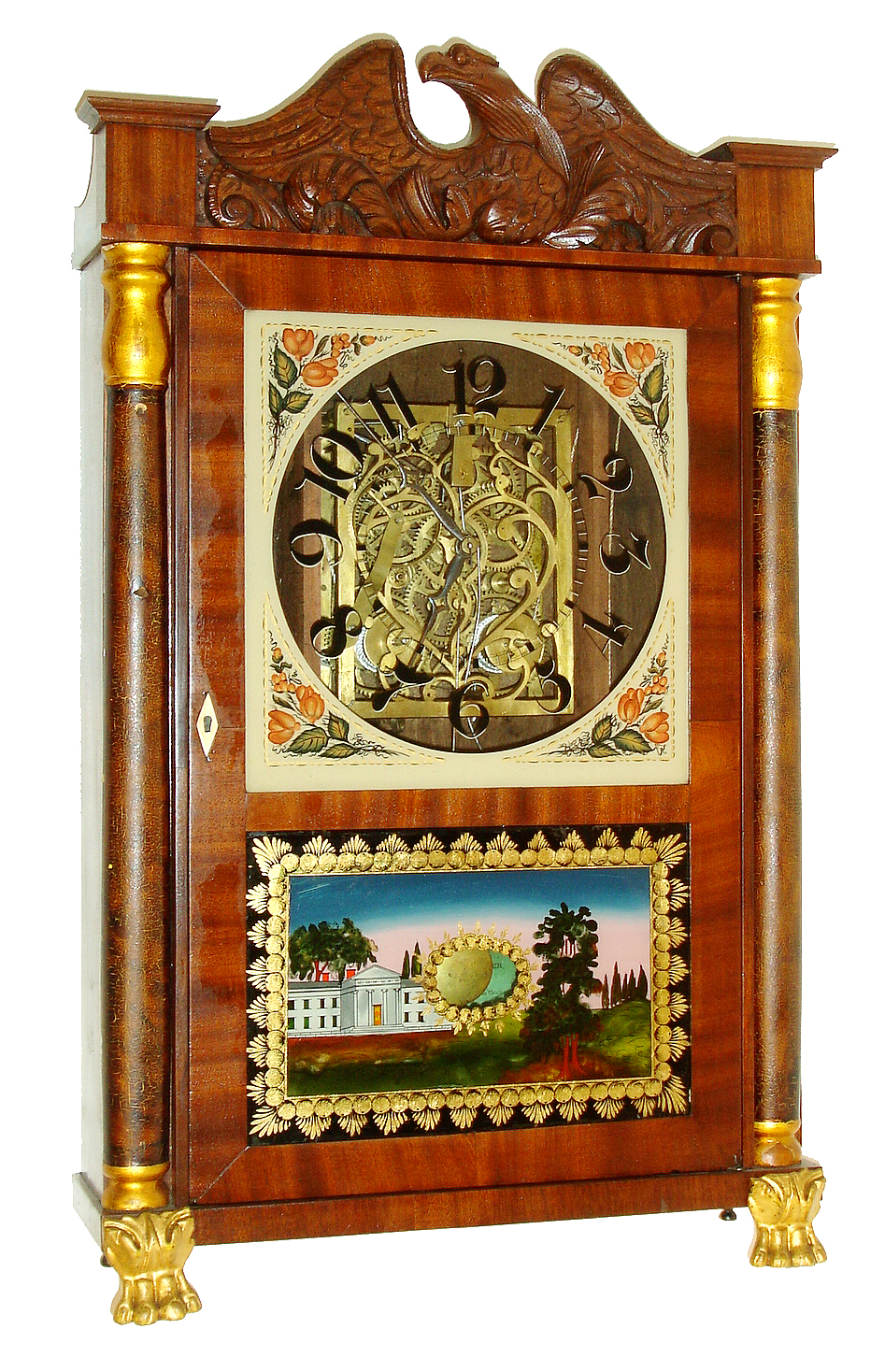 Unknown maker from the Allentown, PA area carved eagle splat and carved columns with claw feet shelf clock with a skeleton weight driven 30 hours, weight driven movement. This movement is based upon the Black Forest wood plate and brass wheel examples, c1830. — Antique Clocks Price Guide