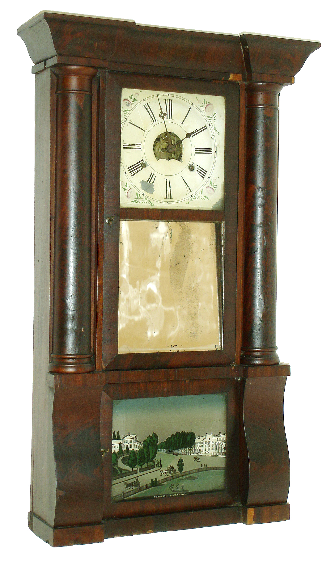 Birge, Peck &amp; Co., Bristol, Conn., 8 days, time and strike, weight brass movement column &amp; cornice shelf clock, c1850 — Antique Clocks Price Guide