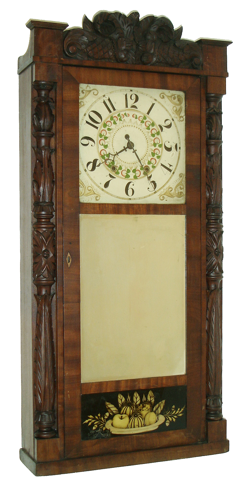 Jeromes &amp; Darrow, Bristol, Conn., 8 days, time and strike, weight wood movement carved column &amp; splat shelf clock, c1835 — Antique Clocks Price Guide