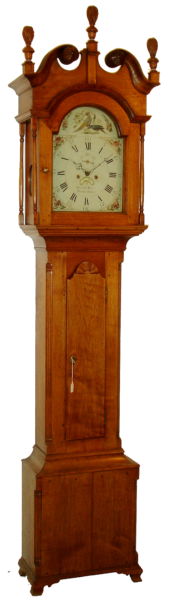 Solomon Yeakel, Berks County {PA), walnut scroll top tall clock, with 30 hours, brass movement, made with extra gear, seconds bit and false winding posts to simulate an 8 days, clock. Dial is marked "Barcks County", from the collection of Doug Shaffer, c1800 — Antique Clocks Price Guide