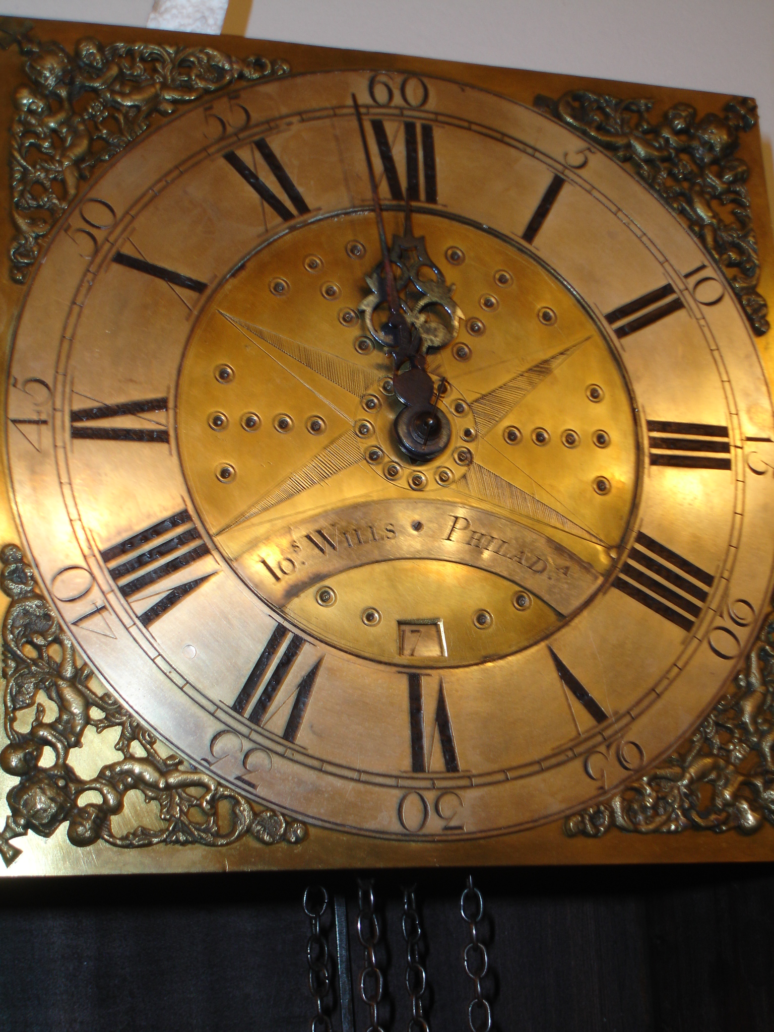 Jos. (Joseph) Wills, Philadelphia (PA), painted case, brass dial tall clock, with a 30 hours, posted frame movement (chain drive), from the Doug Shaffer collection, and one of two Wills clocks in this sale, c1750 — Antique Clocks Price Guide