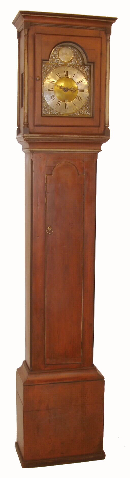 Isaac Blasdel, brass &amp; pewter arched dial New Hampshire tall clock, 30 hours, rope drive, in a flat top painted case with old /original finish. See Blaisdell, accepted spelling, From the Doug Shaffer collection. Clock dated 1773. — Antique Clocks Price Guide