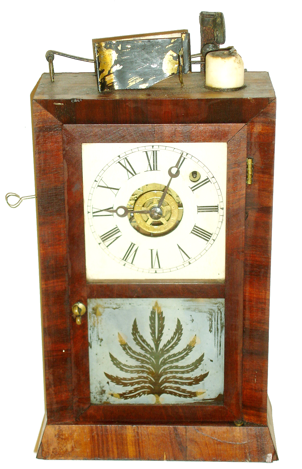 Ansonia Brass &amp; Copper Co., Ansonia, Conn., automatic candle light alarm clock, 30 hours, time and bell strike alarm, spring driven movement in a mahogany veneer case with a frosted tablet and painted metal dial, c1870 — Antique Clocks Price Guide
