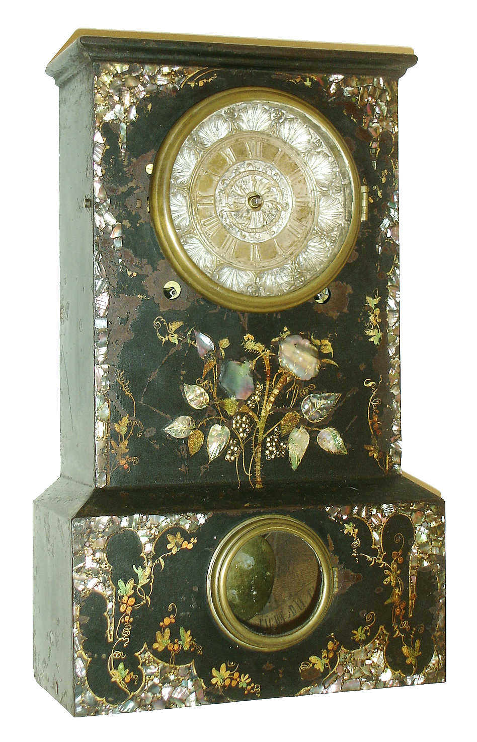 Terry &amp; Andrews, Bristol, Conn., 8 days, time and strike, painted iron case with mop shelf clock, c1850 — Antique Clocks Price Guide