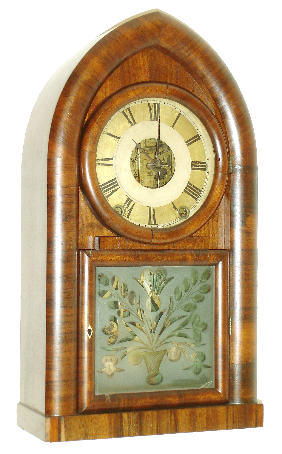 E. C. Brewster &amp; Co., Bristol, Conn., 8 days, time and strike, Kirk's patent iron back plate movement round gothic or beehive shelf clock, c1842. A similar example can be found in "A Survey History of the American Spring-driven Clock 1840-1860", from Supplement No. 9, winter 1973, pg 16. — Antique Clocks Price Guide