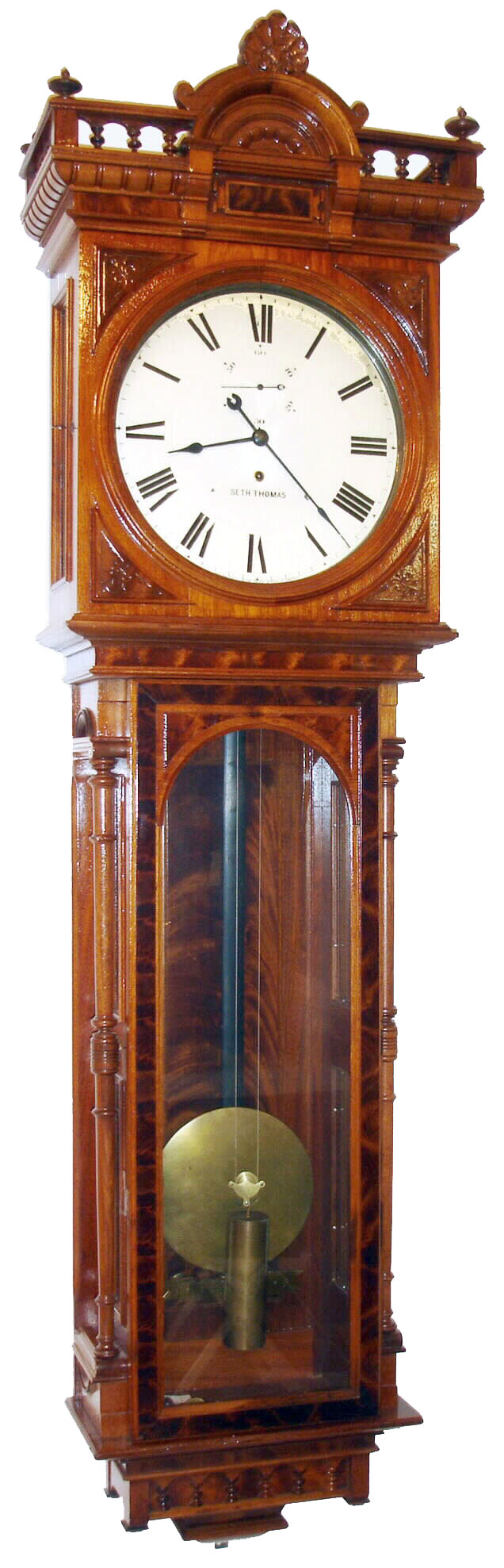 Seth Thomas Clock Co., Thomaston, Conn, Rare custom regulator, in a walnut and burled veneer case, with ST #68 movement, beating seconds and with 14" dial, with large disc pendulum, c1880 — Antique Clocks Price Guide