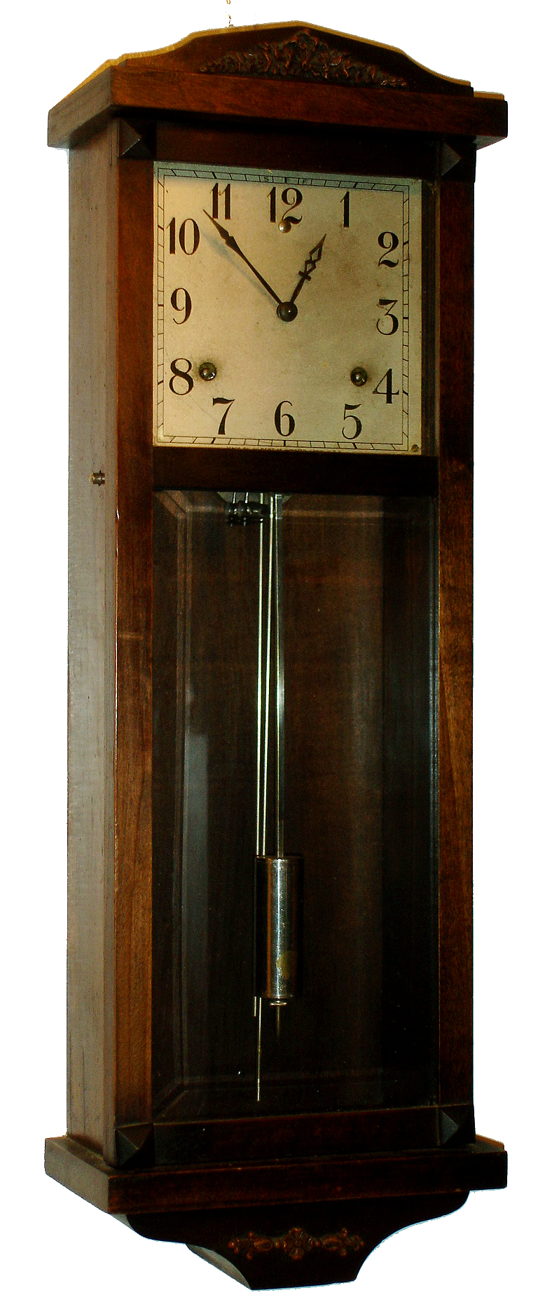 Gilbert Clock Co., Winsted, Conn, Small duo-tone "Normandy" chime "Hollywood" model clock, slim, made to fit in a small space or wall end, and with beveled glass door and silvered dial., c1925 — Antique Clocks Price Guide