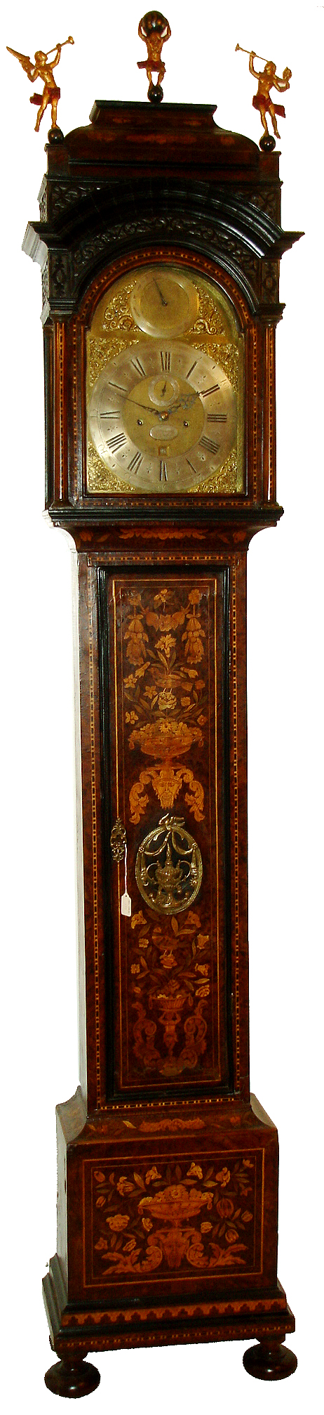 Dutch, Jean Van Ceule, Le Jeune, a La Haye (the Hague), 8 days, brass dial tall clock, hour striking with single bell at half hour, in its well made Dutch marquetry case, from the collection of Doug Shaffer, c1730 — Antique Clocks Price Guide