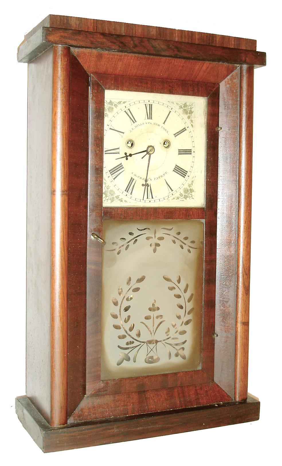 J. R. Mills &amp; Co., New York, "Year Clock Co"., two weight, 8 days, shelf clock, torsion suspension and 3-ball pendulum, in a walnut case, c1850 — Antique Clocks Price Guide