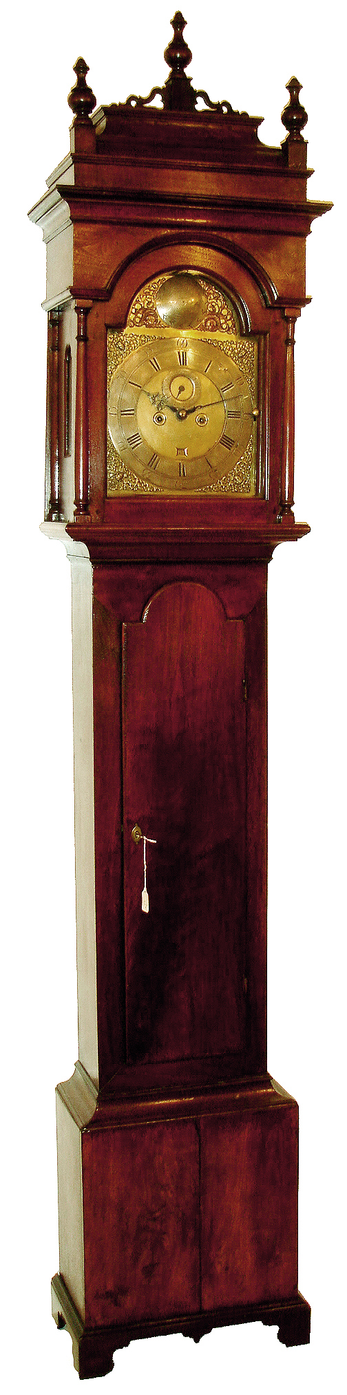 Joseph Wills, Philadelphia, arched brass dial tall clock, 8 days, in a step or caddy top walnut case with finials. An engraved silvered boss in the arch signed Jas Wills, Philadelphia, c1740 — Antique Clocks Price Guide