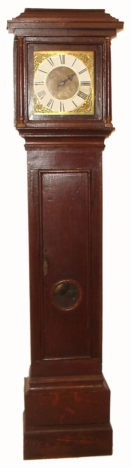 George Washbourne, Gloucester, England, tall clock, 30 hours, time and strike, single weight driven movement with anchor escapement in an oak case with pendulum aperture in trunk door and brass dial with silvered chapter ring and single hand, signed No. 107, c1750 — Antique Clocks Price Guide