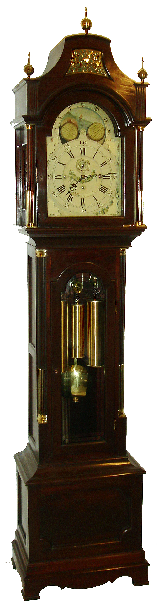English tall clock for J.E. Caldwell, Philadelphia, Penn., 8 days, time, strike and Westminster chime, three brass weight driven movement in a pagoda top mahogany case with, beveled glass on trunk door, brass inlaid columns on trunk and hood, similar to Roxbury style. The painted metal dial has moon phase, c1910 — Antique Clocks Price Guide