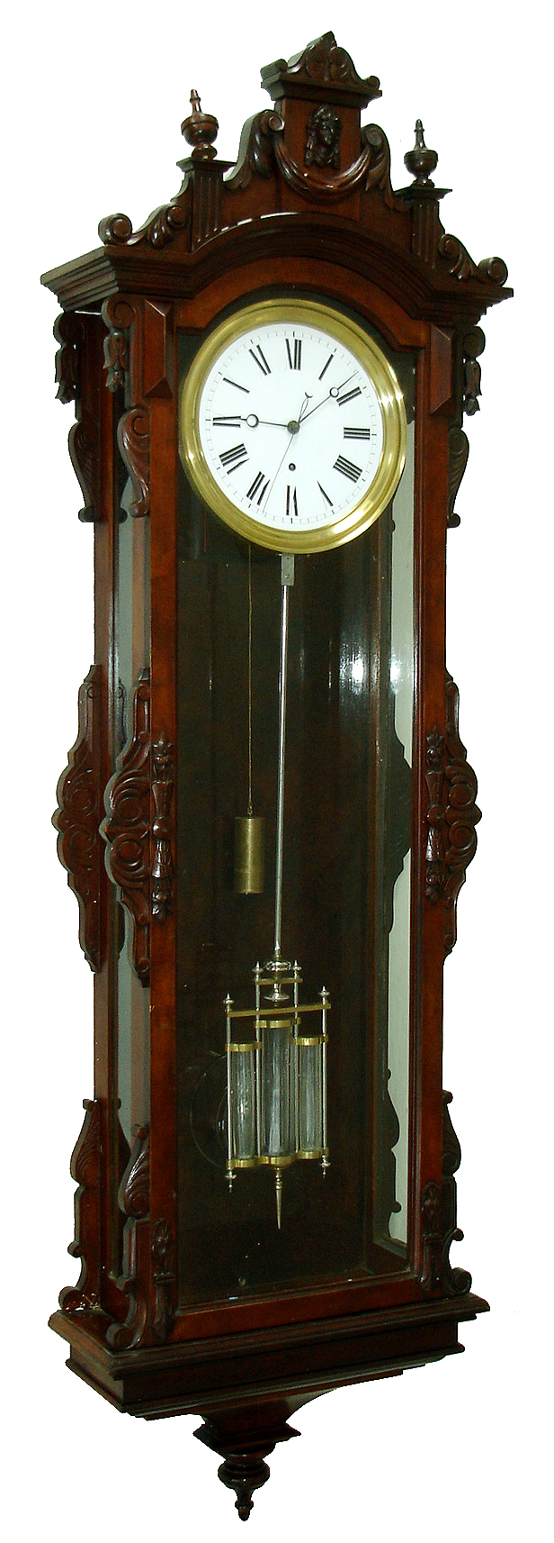 Ansonia Clock Co., Ansonia, Conn., "Regulator No. 14" variant wall clock, 8 days, time only, weight driven Swiss movement with deadbeat pinwheel escapement, sweep seconds and a three vial mercury pendulum in a walnut case with white enamel dial, c1883 — Antique Clocks Price Guide
