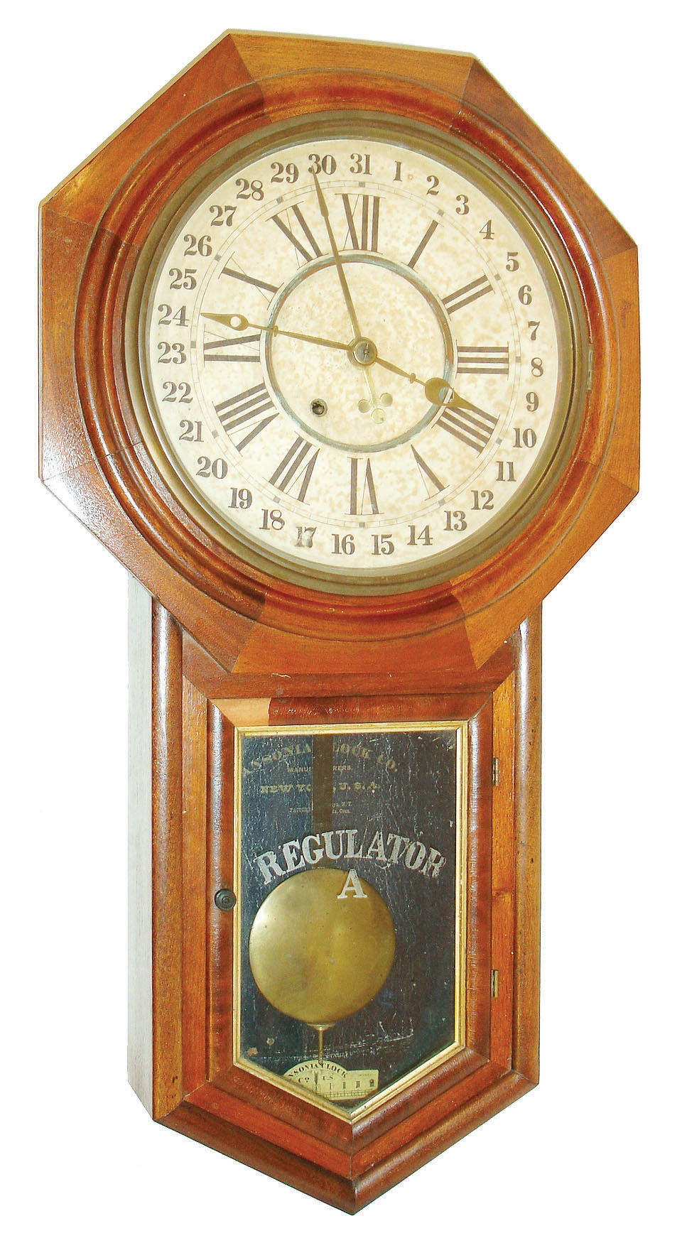 Ansonia Clock Co., Ansonia, Conn., "Regulator A", 8 days, spring brass movement regulator clock or timepiece, c1906 — Antique Clocks Price Guide