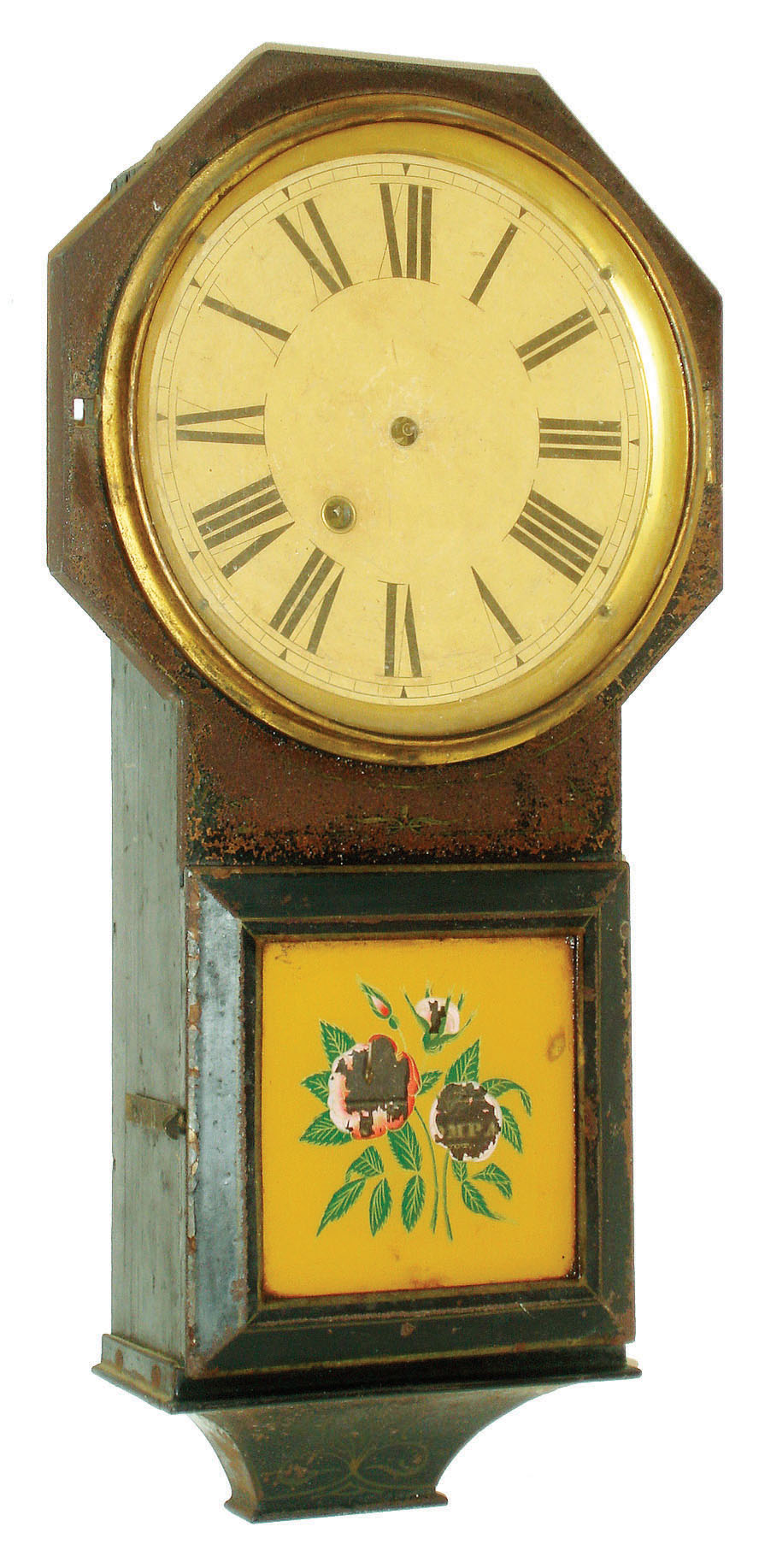 Terry Clock Co., Waterbury, Conn., 30 hour, spring brass movement wood and cast iron drop octagon wall clock or timepiece, c1868 — Antique Clocks Price Guide
