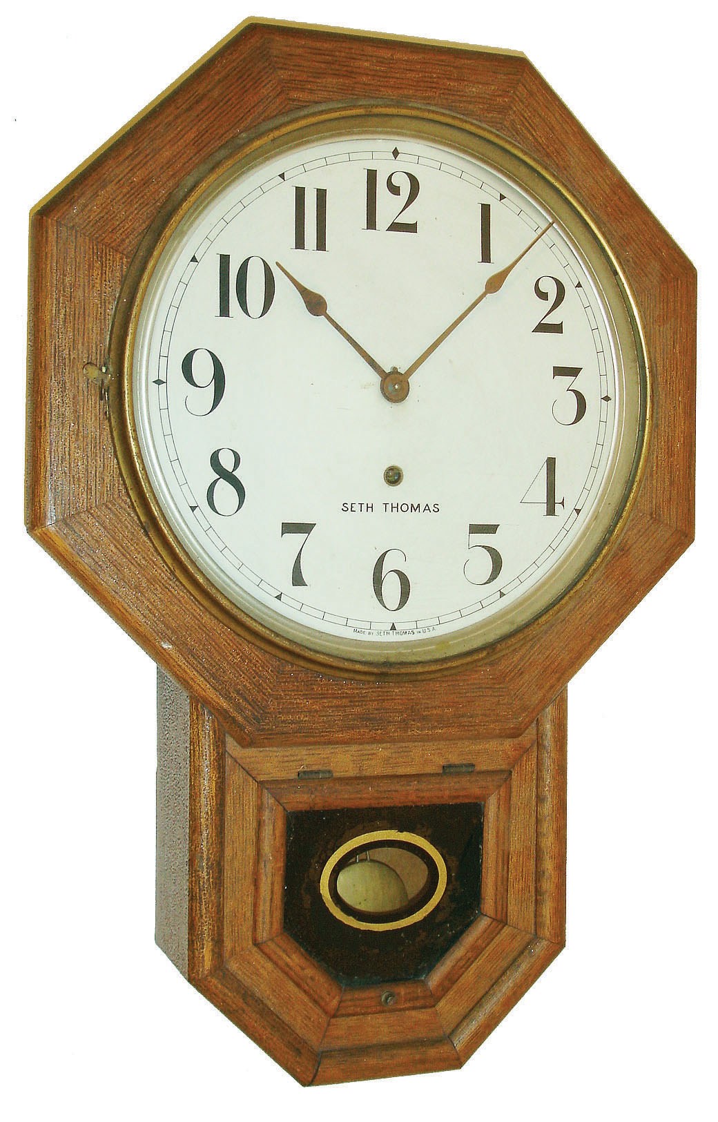 Seth Thomas Clock Co., Thomaston, Conn., "Drop Octagon 12 inch", 8 days, spring brass movement schoolhouse wall regulator, c1890 — Antique Clocks Price Guide