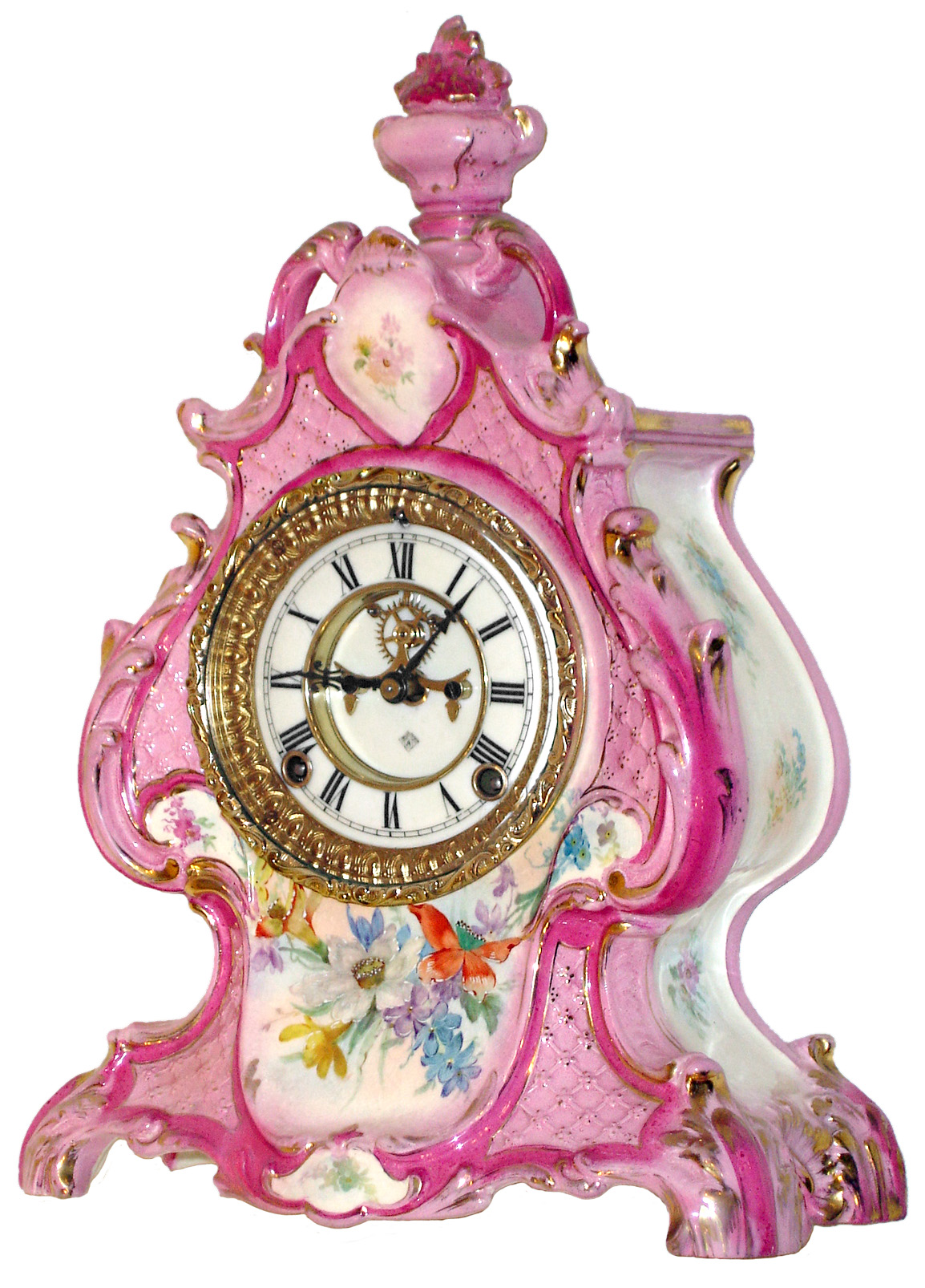 Ansonia Clock Co., New York, N.Y., "La Clair" Royal Bonn porcelain clock, 8 days, time and strike, spring driven movement with open escapement in a pink and multicolor floral case, two part enamel dial, c1910 — Antique Clocks Price Guide