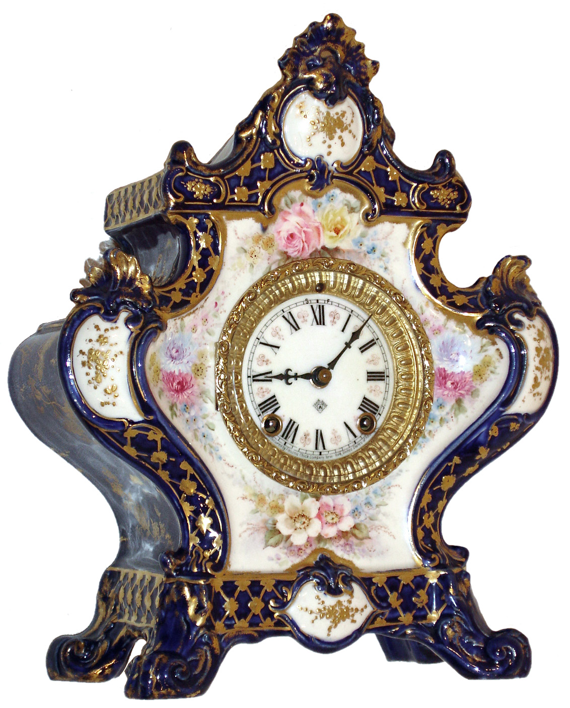 Ansonia Clock Co., New York, N.Y., Royal Bonn porcelain clock, unidentified model, 8 days, time and strike, spring driven movement in a Royal Cobalt Blue with multicolor floral decoration case, multicolor dial, c1900 — Antique Clocks Price Guide