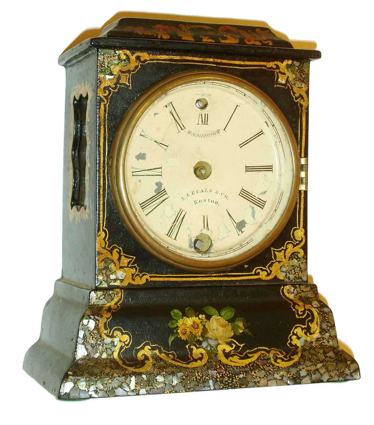 Litchfield Mfg. Co. for J. J. Beals &amp; Co., Boston 8 days,  lever movement paper mache with MOP cased shelf clock, c1851. — Antique Clocks Price Guide