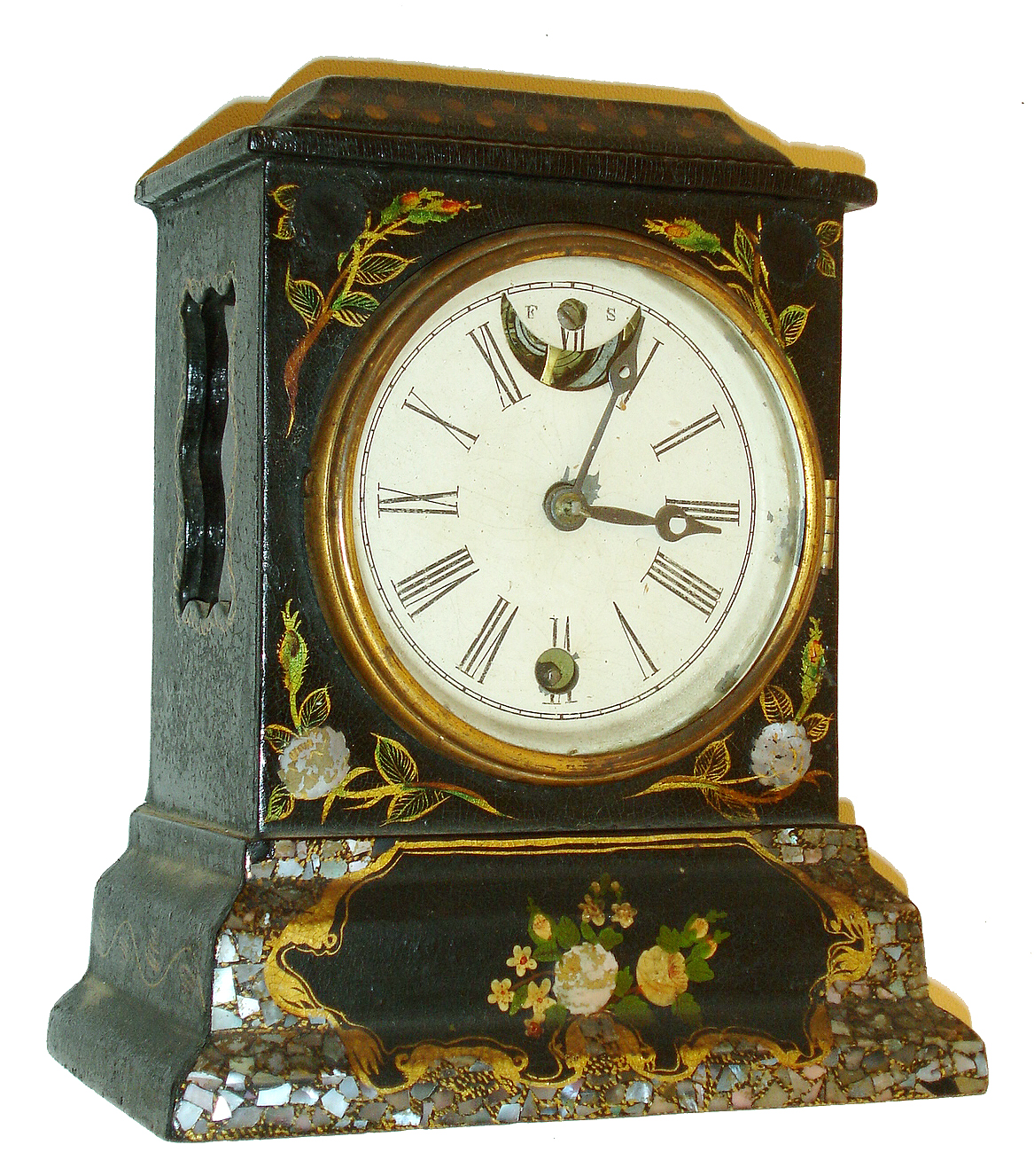 Litchfield Mfg. Co., Litchfield, Conn.8 days, lever movement paper mache case with MOP timepiece. Movement made by Terry, Downs &amp; Co., Bristol, Conn., c1852. — Antique Clocks Price Guide