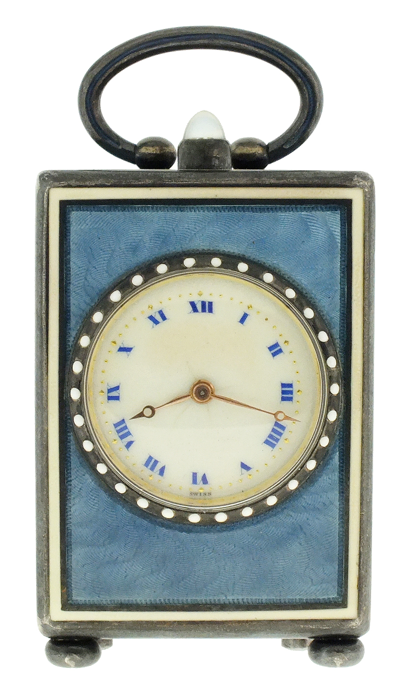 G.C.Co., Switzerland, miniature quarter repeating carriage clock, 8 days, 12 jewel key wind gilt movement with lever platform, repeating the hours and quarters at will, stunning blue guilloche decorated silver case, the panels with white borders, handle also with a band of enamel, Roman numeral white enamel dial, silver bezel decorated with white enamel dots, and gold Breguet style hands, c1900 — Antique Clocks Price Guide