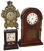 Clocks- 8 (Eight): French "Odo" oak 8 days, Westminster chime wall clock; Seth Thomas "Atlanta" city series 8 days, time and strike; Jerome & Co. "Dandy Line" 8 days, time and strike, kitchen clock; Waterbury 30 hours, time and strike, cottage clock; Hamburg-American oak bracket clock case only; large walnut round-top shelf clock case with Seth Thomas, Plymouth, 8 days, time and strike, movement; Ansonia floral decorated cast metal 8 days, time and strike, mantel clock; Hamburg American movement in a custom made antler case