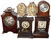 Clocks- 7 (Seven): 2 German small wags, Junghans mantel, Connecticut 8 days, cottage. German mahogany chiming, Plymouth round top mantel, French marble deco