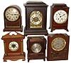 Clocks- 6 (Six) European and Connecticut 8 days, wood case mantel clocks: two Westminster chime; four time and strike; early 20th century