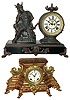 Clocks- 2 (Two) Ansonia 8 days, time and strike, cast metal mantel clocks: Mercury figural with visible escapement; ornate flat top with cast leaf swags, early 20th century