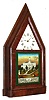 John Hunt, Plainville, Conn., oversize steeple or "Sharp Gothic" mantel clock, 8 days, time and strike, spring driven movement in an OG form mahogany veneer case with painted metal dial and reverse painted tablet, c1845  From the Doug Shaffer collection.