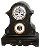 French black slate and malachite 8 days, time and strike, mantel clock with visible escapement and inset barometer, c1900