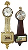 Clocks- 4 (Four) American 8 days, full size banjo clocks: unsigned modern weight-driven painted gold and white case; Gilbert "Hoadley" time and "Normandy Chime"; New Haven "Willard Chime" 3 train; New Haven "Willard" time and strike, 20th century