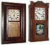 Clocks- 2 (Two): (1) Boardman & Wells, Bristol, Conn. 30 hours, time and strike, weight wood movement half column and splat shelf clock. (2) Smith & Brothers, New York, 30 hours, time and strike, weight wood movement OG shelf clock, c1840