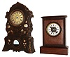 Clocks- 2 (Two): (1) Ripple front cottage time and alarm timepiece. (2) Painted iron case with MOP