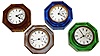 Clocks- 4 (Four): E. N. Welch Mfg. Co., Forestville, Conn., "Jewel", 8 days, colored glass paper weight clocks, c1886 (1)Green glass case. (2)Clear glass case. (3)Blue glass case. (4) Amber glass case.