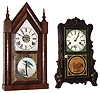 Clocks- 2 (Two): (1) E. & A. Ingraham, Bristol, Conn., 30 hours, time and strike, painted and gold decorated with MOP shelf clock. (2) Waterbury Clock Co., Waterbury, Conn., 8 days, time, strike and alarm sharp gothic or steeple clock.