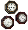 Clocks- 3 (Three): (1) S. B. Jerome, New Haven, Conn., Leather covered octagon case lever movement time and strike, wall clock. (2) Waterbury Clock Co., Waterbury, Conn., Mahogany veneered octagon case lever movement wall timepiece. (3) Waterbury Clock Co., Waterbury, Conn., Mahogany veneered octagon case lever movement wall timepiece.