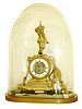 French mantel clock with conical pendulum, gilt spelter case with paw feet, top wit figure of a child with pendulum suspended from his right hand, Roman numeral white enamel dial with open center to allow viewing of the movement, 8 days, time and strike, movement, with dome, c1860