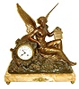 French, figural mantel clock, the winged spelter figure of Goddess of the Arts bearing a tablet in her left had with the names Pasteur [Louis - health research]], Raphael [Artist] and Gounod [composer], her right arm resting over a good French time and bell strike clock, with porcelain dial, the whole mounted to a large piece of tan variegated marble, c1890