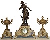 French 3 piece mantel garniture, multi colored marble clock case with gilt rococo style ornament, mounted with a patinated figure of a young woman entitled "Les Favoris", after a sculpture by Aug. Moreau, side pieces with covered urns mounted to marble bases matching the clock case, the urn handles with birds, all on gilt acanthus decorated scroll feet, the bezel with thick beveled glass, Arabic numeral white enamel dial with polychrome floral decoration, blued steel hands, 8 days, time and strike, Pendule a Paris movement marked Samuel Marti, c1900
