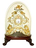 French mantel clock under dome, the case and ornament of carved wood and finished to look like porcelain, with floral and rococo style ornament, and the base with winged dragons, with bright and matte gilding, gilt beaded bezel, Roman numeral white enamel dial, blued steel hands, 8 days, timepiece movement with pendulum, on a modern wood base with period dome, c1860
