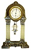 German mantel clock with bouncing doll pendulum, spelter case with deco styling and classical ornament and two decorative pressed glass columns, Arabic numeral paper dial, 30 hours, time only movement with bisque "boy on a swing" pendulum, c1930