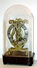 English, a single fusee skeleton timepiece, with a simple solid brass chapter ring, in a "Lyre" style frame, and with robust baluster pillars, on a rosewood veneered base with glass dome, c1860
