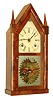 Boardman and Wells, Bristol, Conn., 3/4 size steeple or "Sharp Gothic" mantel clock, 30 hours, time and strike, spring driven fusee movement in a mahogany veneer case with painted metal dial and Fenn stenciled tablet, c1848
