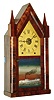 M.W. Atkins, Bristol, Conn., steeple or "Sharp Gothic" mantel clock, 8 days, time and strike, spring driven brass fusee movement in a mahogany veneer case with painted metal dial and silk screened tablet, c1848