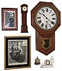 Mixed Lot of 6 (Six) Items: Sessions "Clinton" oak time only 8 days, school clock; English miniature grandfather clock with quartz works, dated 1991; white painted iron small figural 30 hours, novelty clock; German chrome plated swiveling 30 hours, desk desk clock; framed engraved print of clock shop by Merrill; and framed lithograph of "Buying a Waltham Watch".