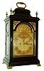 Brockbank, London, Georgian bracket clock with calendar, veneered ebonized case with brass feet, handle and finials, door with gilt cast frets and brass trim, composite dial signed "Brockbank London", with silvered chapter ring, gilt spandrels, and date display in arch, blued steel hands, 8 days, fusee time and strike, movement with verge escapement and pull repeat, back plate engraved with C scrolls and pagoda, c1770